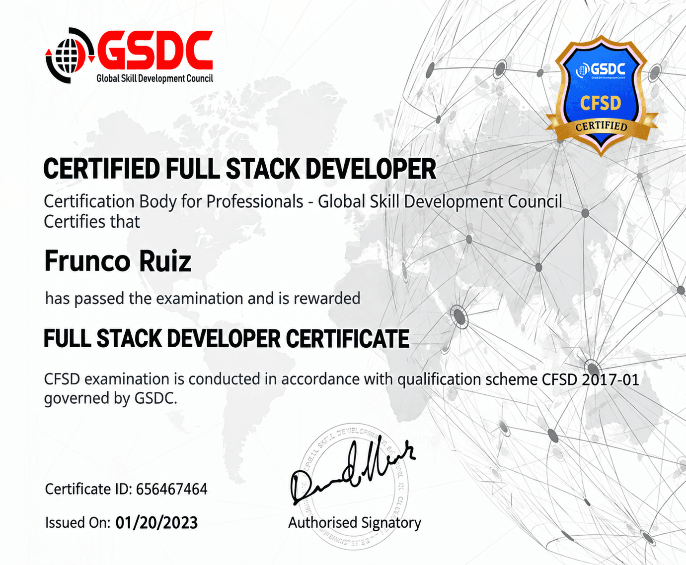GSDC Certified Full Stack Developer certificate issued to Frunco Ruiz